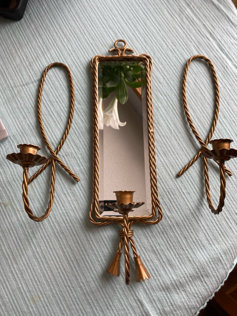 Vintage Gold Rope-Style Wall Mirror with Candle Sconces - Home Wall Decor